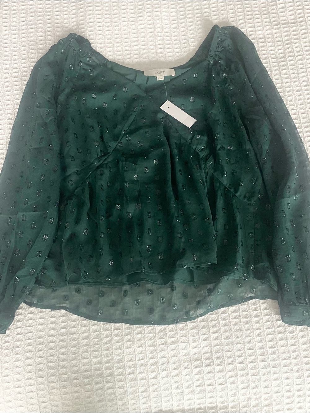 LOFT Deep Green Long Sleeve Clip Dot Blouse NWT size large